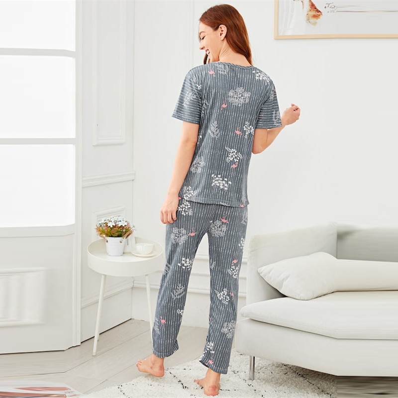 Women Flamingo Leaf Print Pajama Set Striped Short Sleeve Nightwear ...