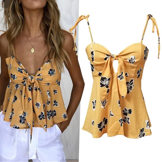 Women Floral Camis Straps Knotted Stretch Top1 1