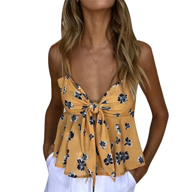 Women Floral Camis Straps Knotted Stretch Top2 1