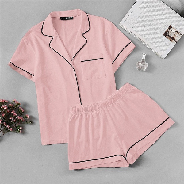 Womens Contrast Piping Pocket Front Shirt Pajama Set - Power Day Sale
