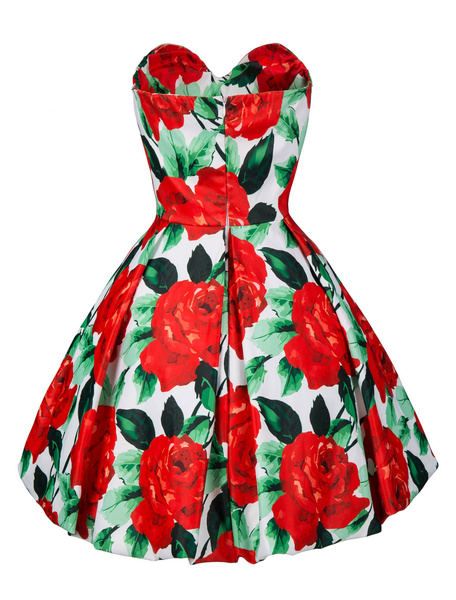 Women Floral Rose Print Sweetheart Sleeveless Pleated Vintage Dress ...