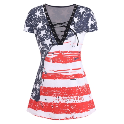 American Flag Lace Up Plus Size T-shirt - Power Day Sale