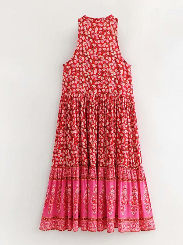 Bohemian Maxi Print Floral Button Sleeveless Dress - Power Day Sale