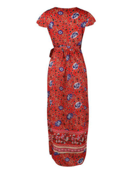 Boho Maxi Dress Short Sleeve V Neck Knotted Floral Dress - Power Day Sale