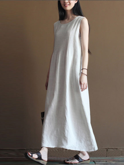Casual Women Pure Color O-Neck Pleated Cotton Maxi Tank Dress - Power ...