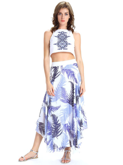 Chiffon Two Piece Sets With Leaf Printed Long Skirt And Crop Top ...
