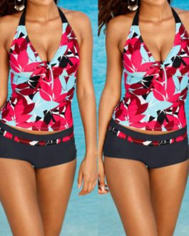Flower Printed Bikini Set Halter Swimsuit Push Up Bikini Swimwear