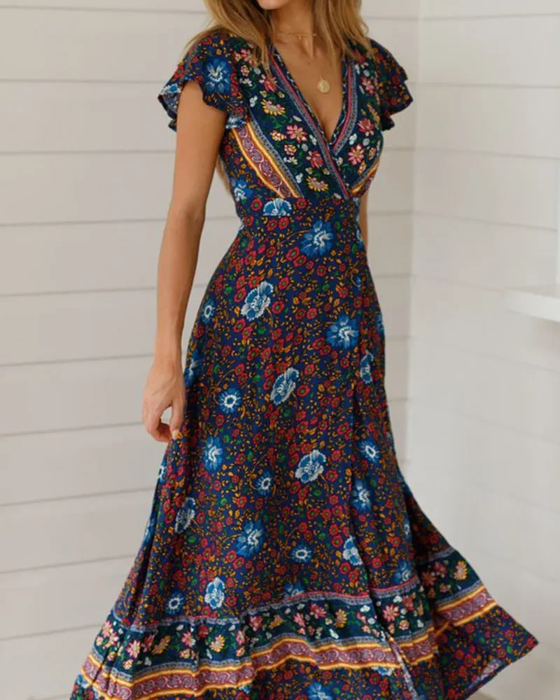 Maxi Dress Casual V Neck Floral Print Boho Beach Long Dress