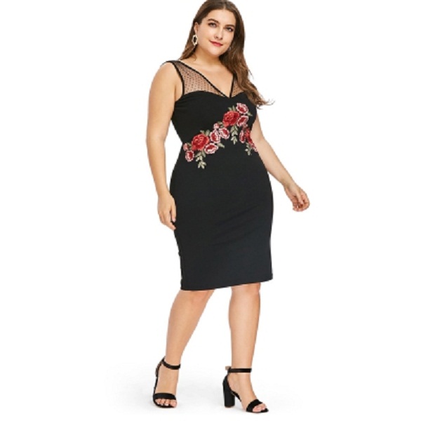 Plus Size Embroidered Mesh Insert Bodycon Dress - Power Day Sale
