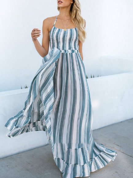 Print Vertical Striped Halter Maxi Holiday Dress - Power Day Sale