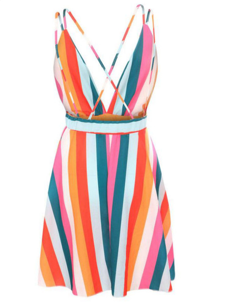 Rainbow Stripe Dress Sleeveless Plunging Backless Chiffon Dress - Power ...