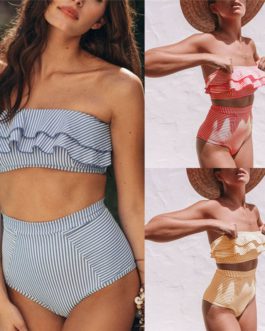 Sexy Women Bandeau Push Up Striped and Ruffle Padded  High Waist Swimwear