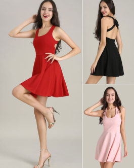 Short Fit and Flare Dress U Neck Bow Trim Backless Homecoming Dress