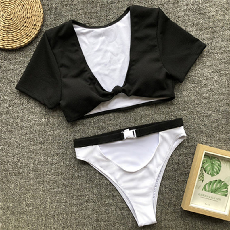 Short Sleeve Pad Crop Top and Hight Waist Swimwear Bathing Suit