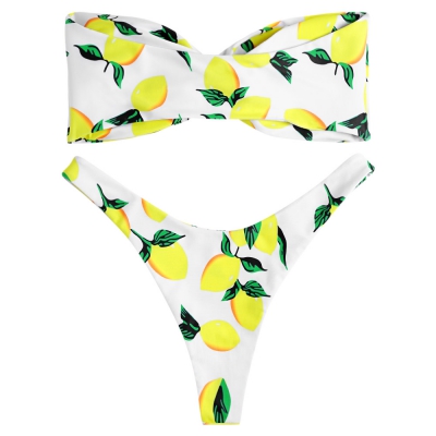 Strapless Backless Padded Lemon Print Low Waist Women Bikini Set ...