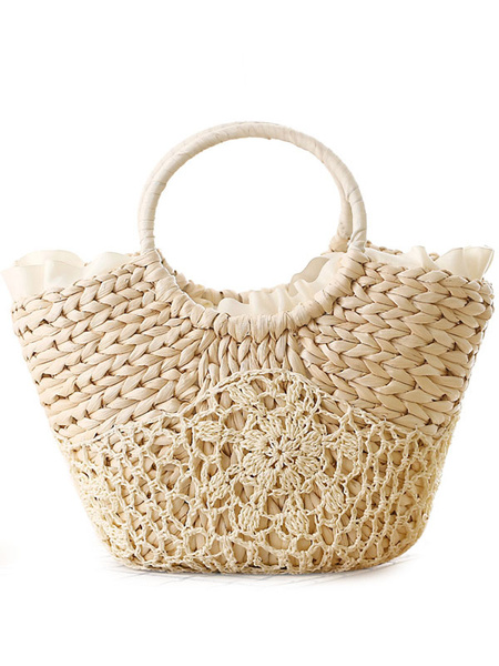 Straw Beach Bag Ring Strap Ribbon Trim Crochet Tote Bags For Women ...