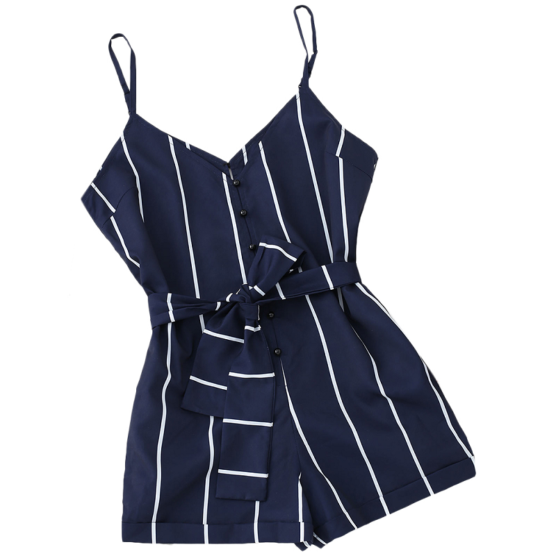 Striped Belted Casual Spaghetti Strap Buttons Cami Romper - Power Day Sale