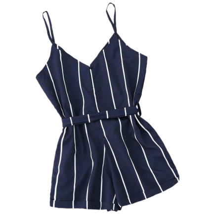 Striped Belted Casual Spaghetti Strap Buttons Cami Romper - Power Day Sale