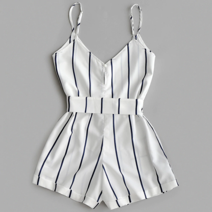 Striped Belted Casual Spaghetti Strap Buttons Cami Romper - Power Day Sale