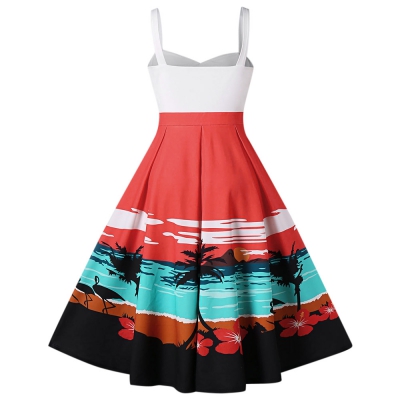 Sunset Beach Print Sleeveless Flared Dress - Power Day Sale