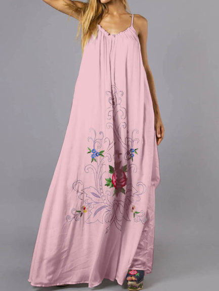 Women Bohemian Floral Sleeveless Swing Hem A Line Long Maxi Dress ...