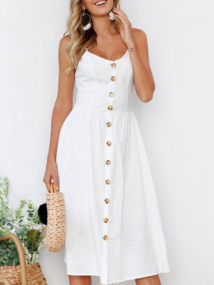 Women Casual Backless Button Decoration Dress Party Midi Dresses ...