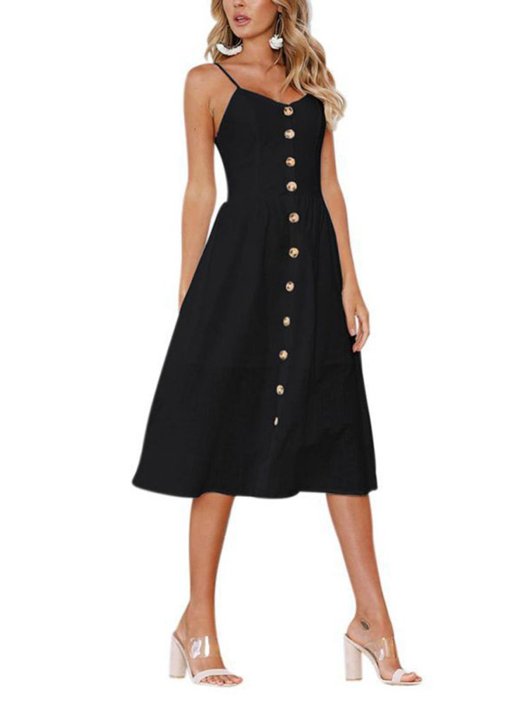 Women Casual Backless Button Decoration Dress Party Midi Dresses ...