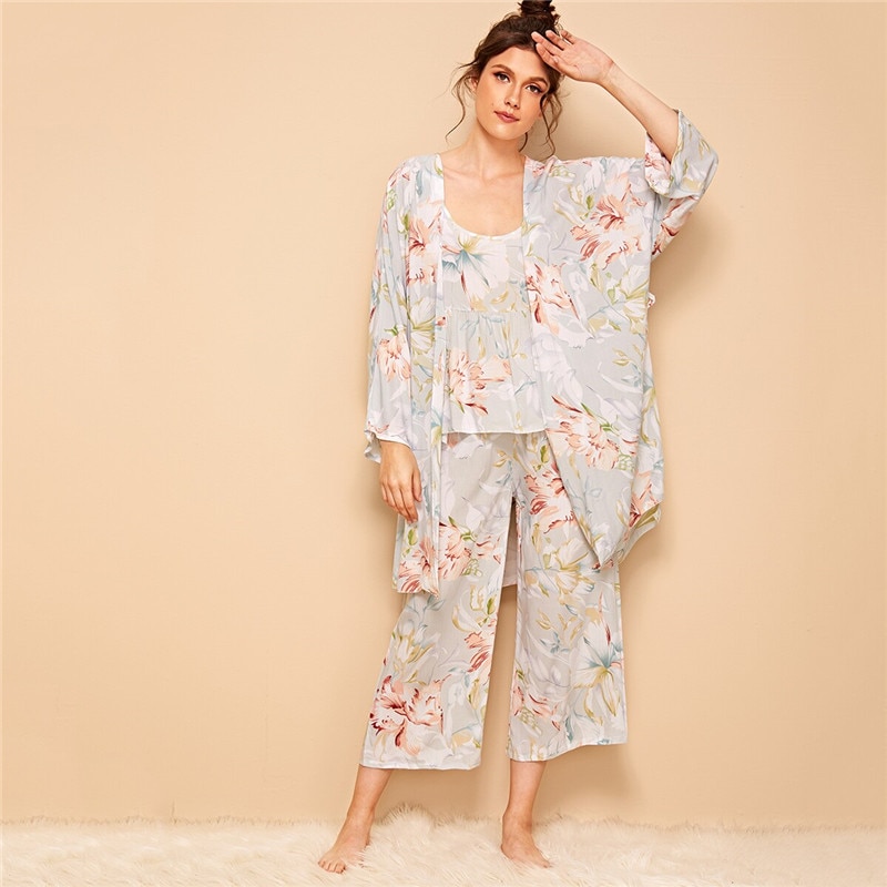 Women Floral Print Cami Pajama Set With Robe - Power Day Sale