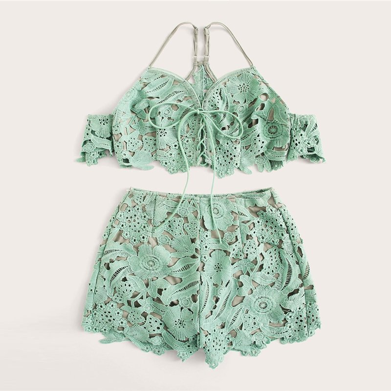 Women Guipure Lace Lace Up Crop Top And Shorts Set - Power Day Sale