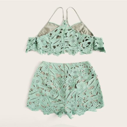 Women Guipure Lace Lace Up Crop Top And Shorts Set - Power Day Sale