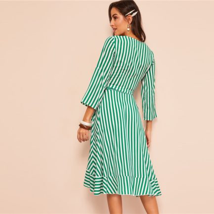 Women Knot Front Roll Sleeve Stripe Crop Top And Skirt - Power Day Sale