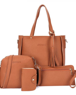 4 PCS Women PU Leather Handbag Tassel Leisure Crossbody Bag Solid Shoulder Bag