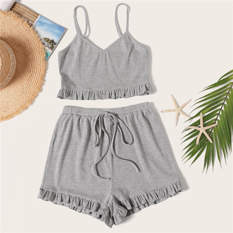 Women Rib-Knit Ruffle Cami Top And Knot Shorts Set - Power Day Sale