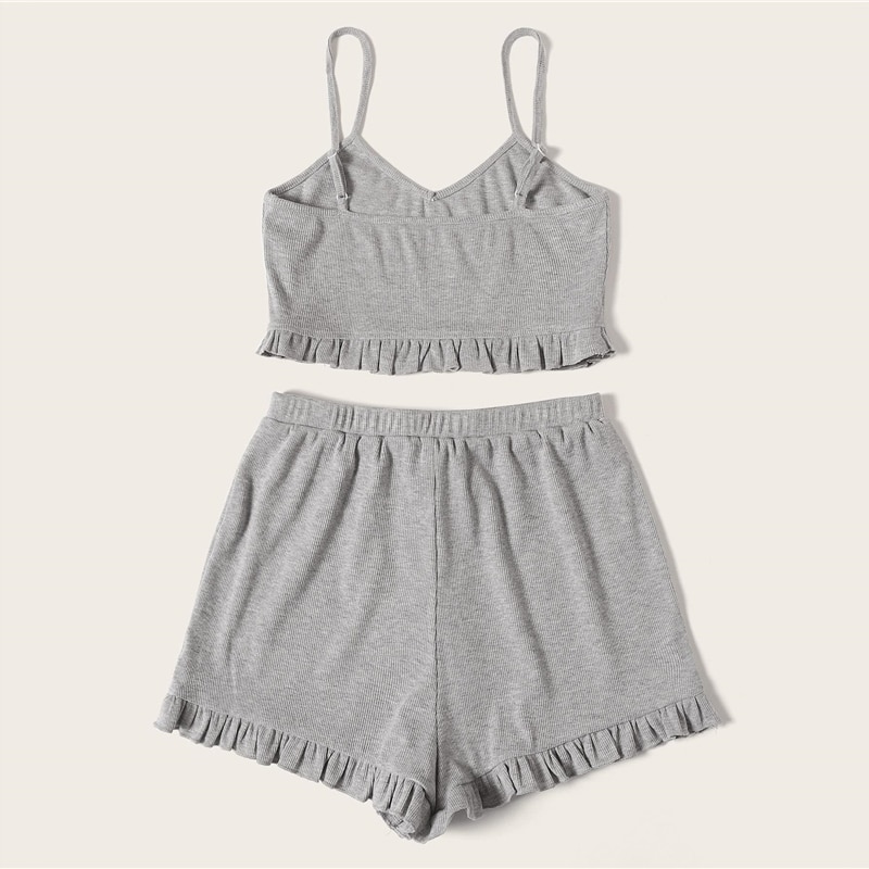 Women Rib-Knit Ruffle Cami Top And Knot Shorts Set - Power Day Sale