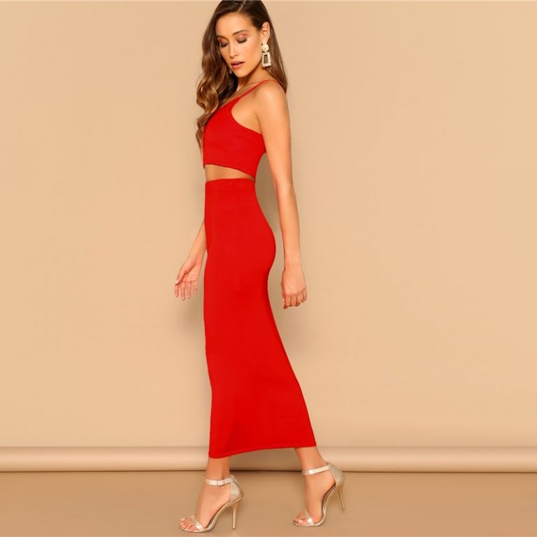 Women Sexy Crop Cami Spaghetti Strap Top And Bodycon Pencil Skirt Set Power Day Sale 9521