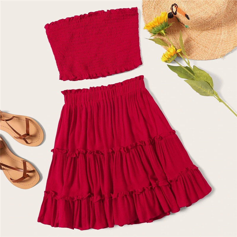 Women Smocked Bandeau Top And Layered Frill Hem Skirt Set - Power Day Sale