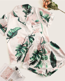 Women Tropical Print Pajama Set Casual Sleep Wear