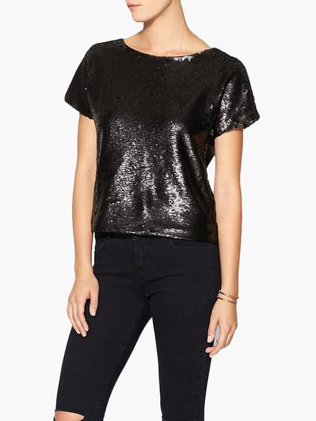 Women's Sequin Short Sleeve Glitter T Shirt - Power Day Sale