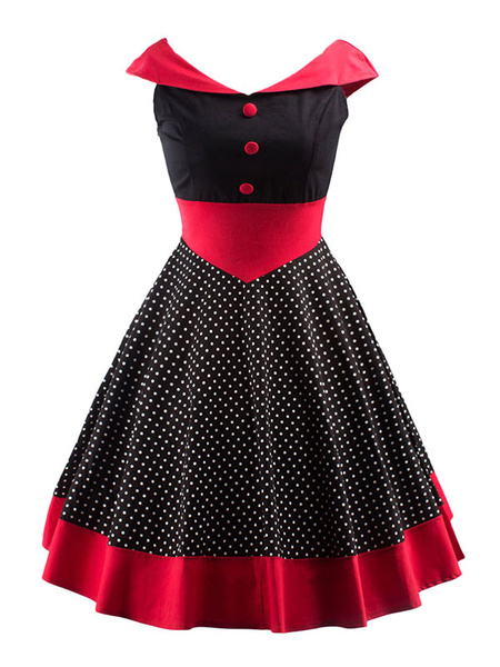 Women's Vintage Dress Sleeveless V-neck Polka Dot Two Tone Pleated ...