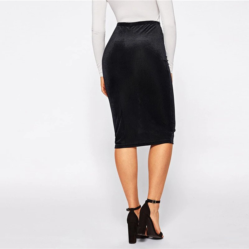 Black Elastic Waist Rib-Knit Solid Bodycon Pencil Skirt - Power Day Sale
