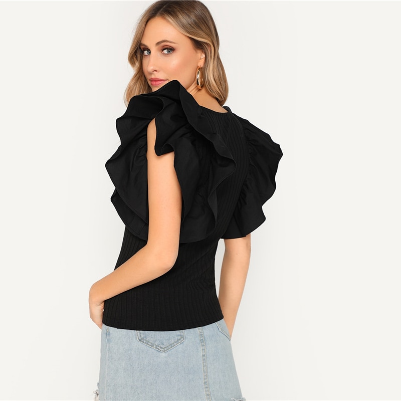 Black Layered Ruffle Sleeve Rib-knit Fitted T-Shirt - Power Day Sale