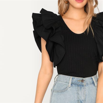 Black Layered Ruffle Sleeve Rib-knit Fitted T-Shirt - Power Day Sale