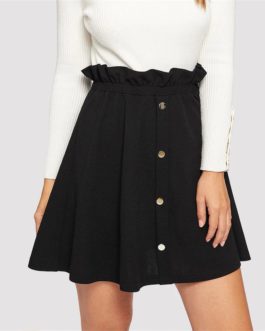 Black Paperbag Waist Ruffle Button Front Shift Skirt