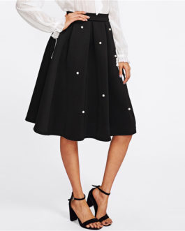 Black Vintage Pearl Embellished Boxed Pleated Circle Knee Length Mid Waist Skirt