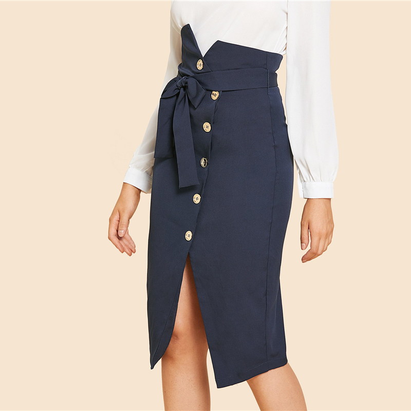 Blue Elegant Slit Hem Mid Waist Belted Solid Sheath Skirt - Power Day Sale