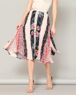 Boho Multicolor Print Chiffon Pleated Flared Midi Skirt