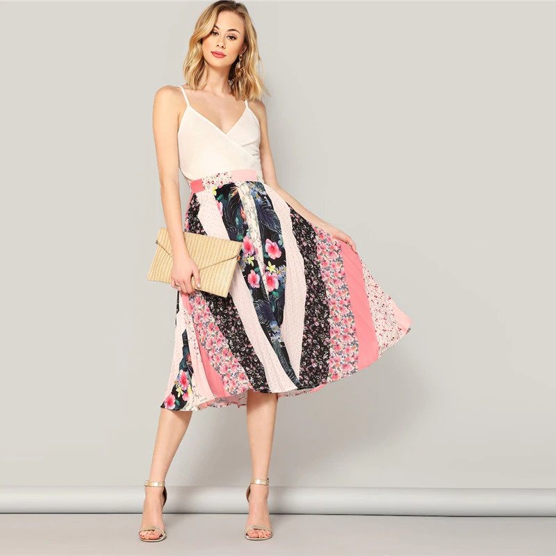 Boho Multicolor Print Chiffon Pleated Flared Midi Skirt - Power Day Sale