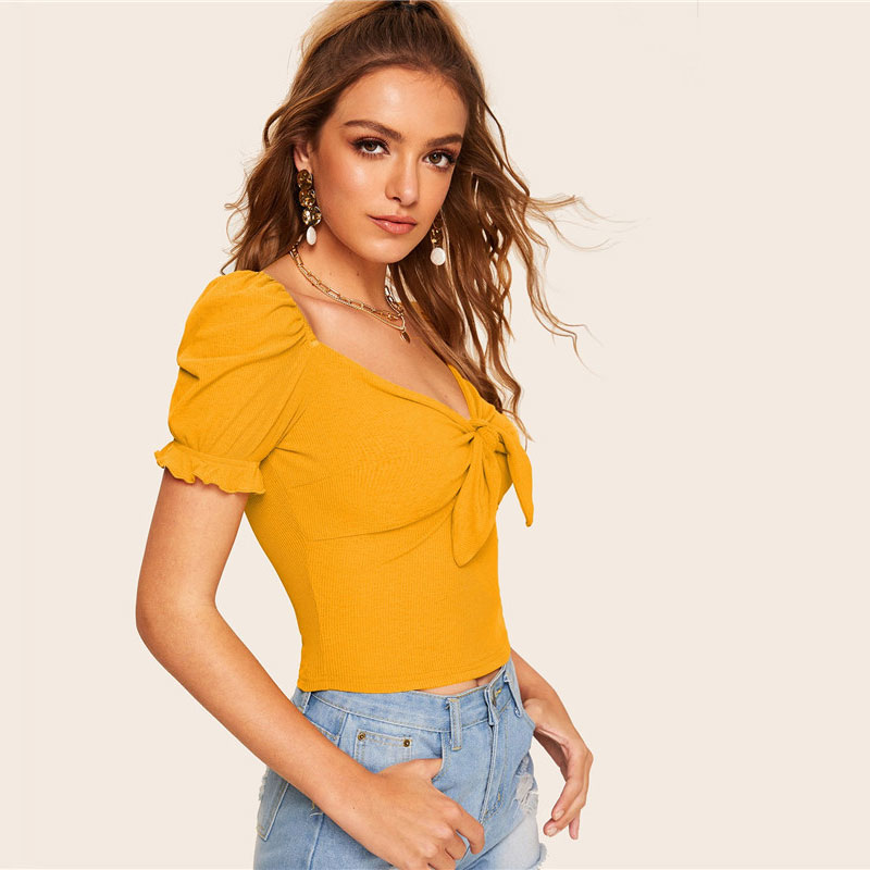 Bright Ginger Boho Sweetheart Neck Knot Front Fitted Crop Top - Power ...