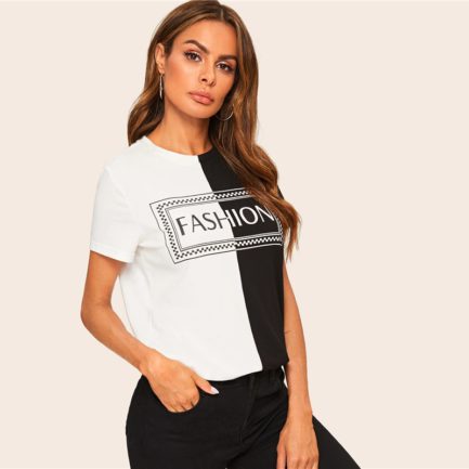 Casual Two Tone Letter Print Short Sleeve T Shirt - Power Day Sale