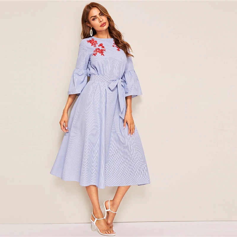 Embroidered Flounce Sleeve Belted Boho Striped Ruffle Dress - Power Day ...